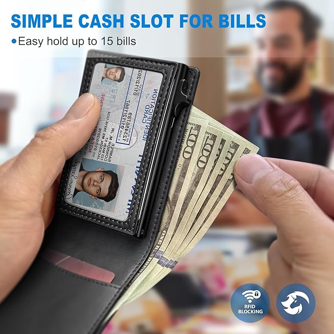 Wallet for Men, Slim Pop Up Card Holder with RFID Blocking, Minimalist Bifold Wallet with 9 Card Slots, ID Window and Cash Pocket, Metal Flip Case with Magnetic Closure, Gift Box
