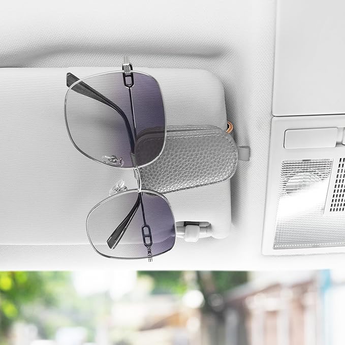 SINGARO Sunglasses Holder for Car, Leather Magnetic Buckle Sun Visor Sunglass Clip, Ticket Card Storage Glasses Clip, Car Interior Accessories for Men and Women（2PCS Gray）