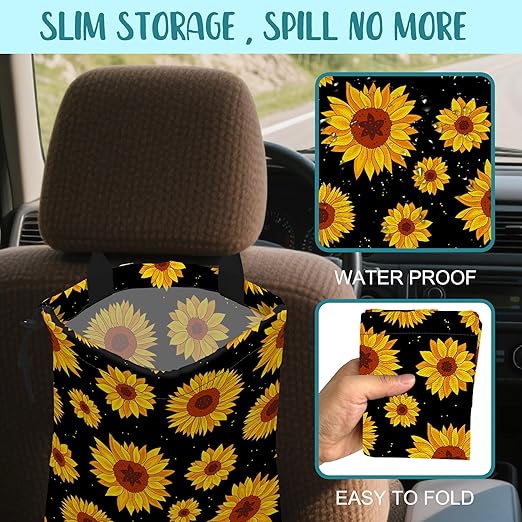Car Garbage Bag Blooming Yellow Sunflowers Drawstring Car Trash Bag Hanging for Back Seat with Adjustable Buckle Canvas Vehicle Trash Can Easy-to-Install