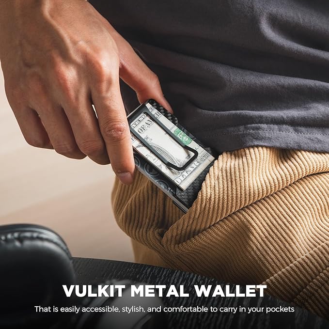 VULKIT Men's Metal Wallet with Money Clip Slim Credit Card Holder, Minimalist Business Card Case Front Pocket Wallet for Men(Carbon Black)