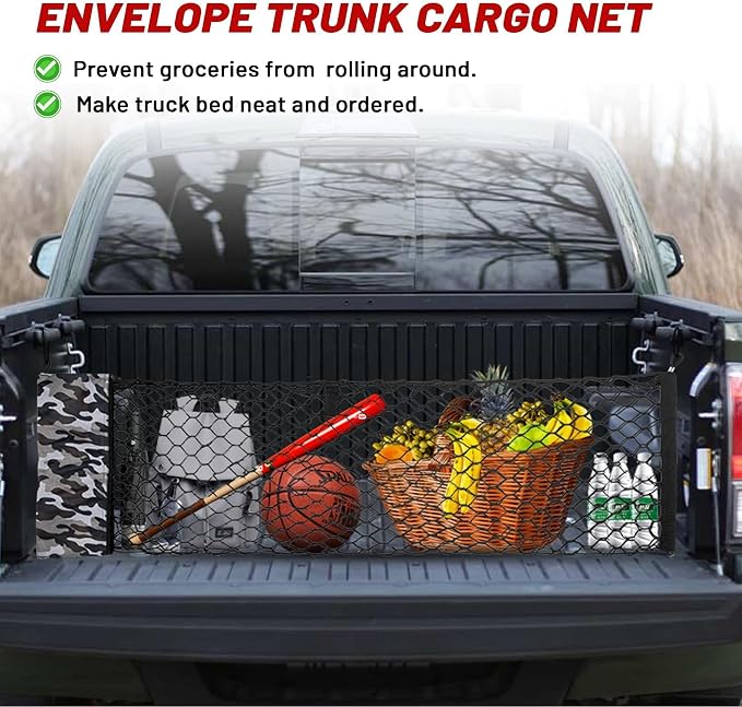 RED WOLF Truck Bed Cargo Net with Storage Bag Fit for GMC Sierra/Chevy Silverado/Ford F-150, Universal Envelope Style Pickup Truck Elastic Organizer Net Groceries Storage Netting