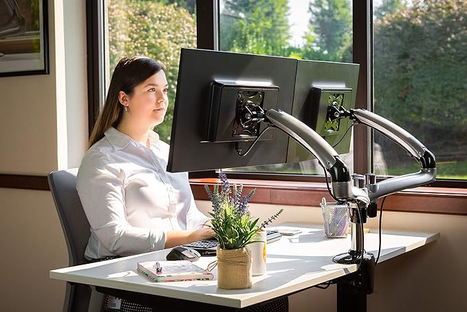 Ergotech Dual Freedom Arm, Includes Two Aluminum Articulating Arms,8.4-17.8 lbs. Weight Capacity per Arm, Suitable for Monitors up to 27'', VESA Compatible 75×75, 100×100,(FDM-PC-G02) -Dual,Metal Gray