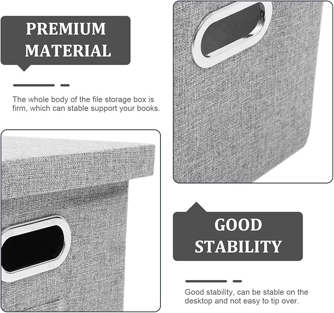 Gray Cloth File Organizer Box with Lid, Office Desk Storage Container for Document Filing and File Carrying, Stackable Desktop Storage Holder for Office Supplies