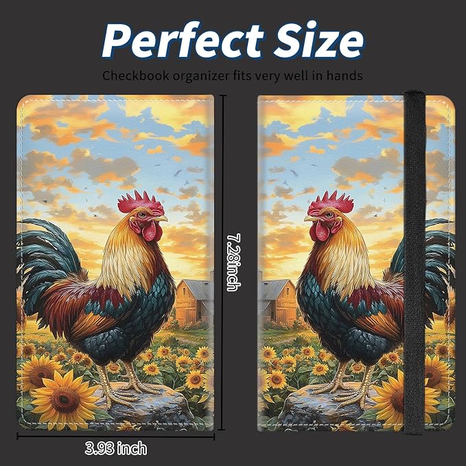 Check Book Cover for Personal Checkbook with Duplicate Checks for Women's & Men PU Leather Wallets Check Book Holder with Pen Card Slots Elastic Strap,Rooster Sunflower