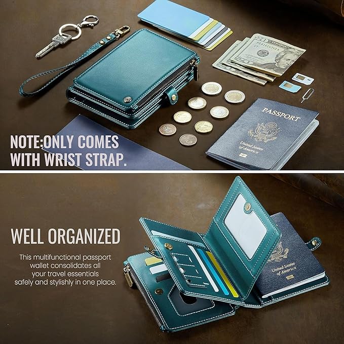 Passport Holder Wallet Bag with AirTag Holder, 11 Card Slots and Passport Solt Cash Solt Photo Solt Zipper Pocket, RFID Blocking Wristlet Strap.Green