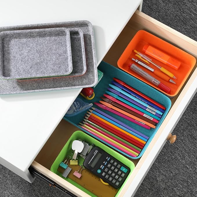 Welaxy Stackable Lidded Felt Desk Organizer Tray Multi-Color 3-Pack Makeup Storage