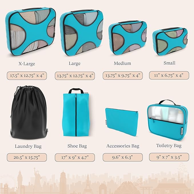 Shacke Packing Cubes for Travel 8 Set - Premium Luggage Organizer Bags - Versatile Travel Organizer for Women and Men - Optimized Packing Bags - Travel Essentials (Aqua Teal)