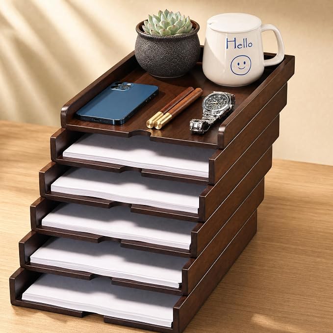 6 Tier Solid Wood Desktop File Organizer, Pull Out Stackable Paper Tray, Multi-use Desk Storage for A4 Documents, Folders, Mail, Bills, Tablet and Phone, Home Office Supplies Organizer