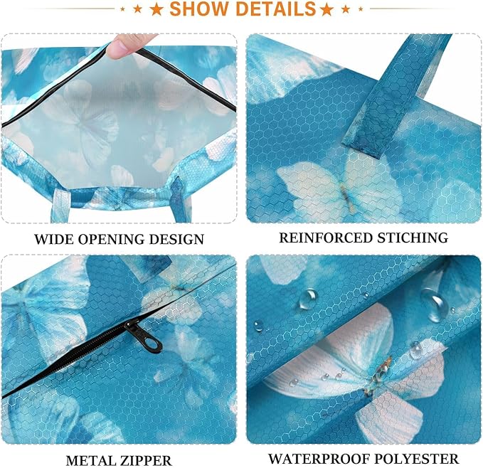 Travel Laundry Bags 2 PC Wet Dry Bag with Handle Dirty Clothes Organizer for Swimsuits Beach Camping Waterproof Washable Ink Blue Butterfly
