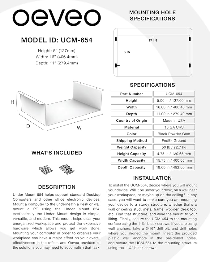 Oeveo Under Desk PC Mount UCM-654 ??Made in USA, Heavy-Duty Tech Support Bracket | Desktop Computers, PC, CPU, Gaming Console Mounting Application | Black Powder Coated Steel ??16W x 5H x 11D (1 Pack)