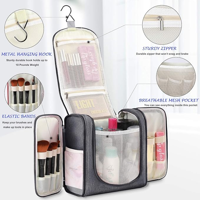 Freegrace Extra Large Hanging Toiletry Bag for Men and Women - Water-Resistant Nylon Travel Bathroom Organizer for Cosmetics, Makeup, and Toiletries