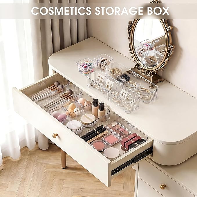 Aneco 25 Pieces Extendable Clear Drawer Organizer Adjustable Vanity Storage Box 4-Size Desk Drawer Divider Acrylic Storage Bins for Makeup, Cosmetic, Jewelries, Bedroom Kitchen Utensils Gadgets