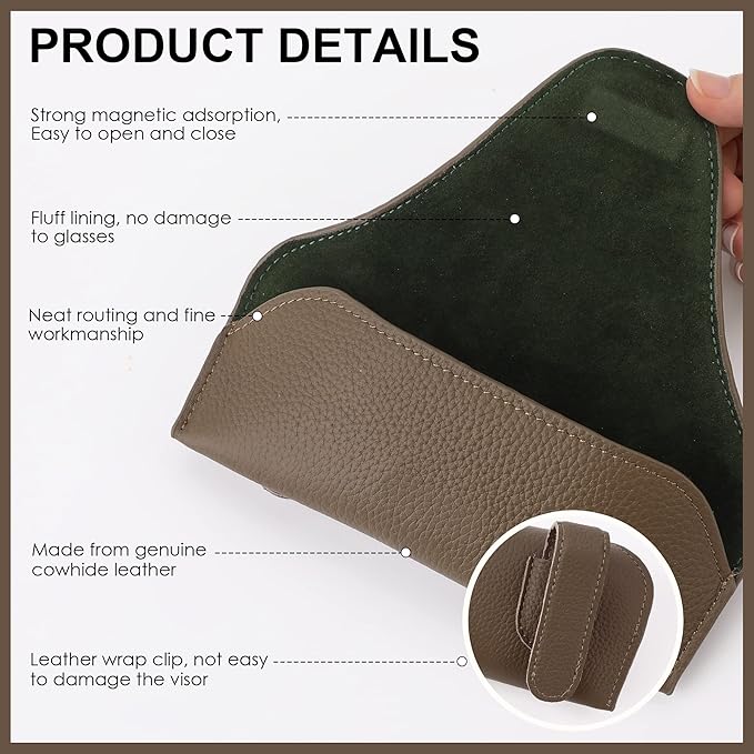 Magnetic Sunglass Holder for Car Visor Clip, Leather Car Glasses Holder, Visor Accessories Eyeglasses Holder Glasses Storage Case (02-Khaki)