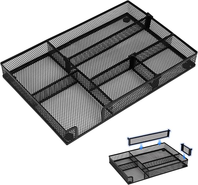 Desk Drawer Organizer Tray with 2 Adjustable Compartments, Metal Mesh Drawer Organizer, Multifunctional Desktop Drawer Organizer Organizer Set for Office, Home and School Supplies, 2.6x8.26x1.57 in