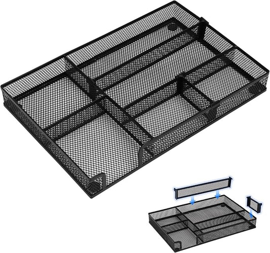 Desk Drawer Organizer Tray with 2 Adjustable Compartments, Metal Mesh Drawer Organizer, Multifunctional Desktop Drawer Organizer Organizer Set for Office, Home and School Supplies, 2.6x8.26x1.57 in