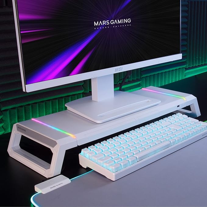 Mars Gaming MGS-ONE White, Chroma RGB Monitor Stand, Adjustable Size, Smartphone and Tablet Stand, Front USB 2.0
