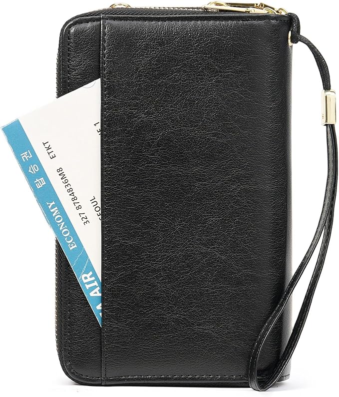 GOIACII Passport Wallet Travel Crossbody Bags for Women Wristlet Phone Purse Double Zip Vegan Leather Black