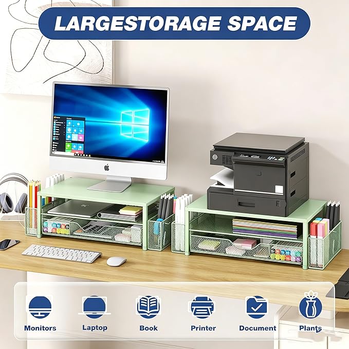 OPNICE Desk Organizers and Accessories, 2-Tier Computer Monitor Stand Riser with Drawer and 2 Pen Holders, Laptop Stand, Office Desk Accessories for Office Supplies, Green