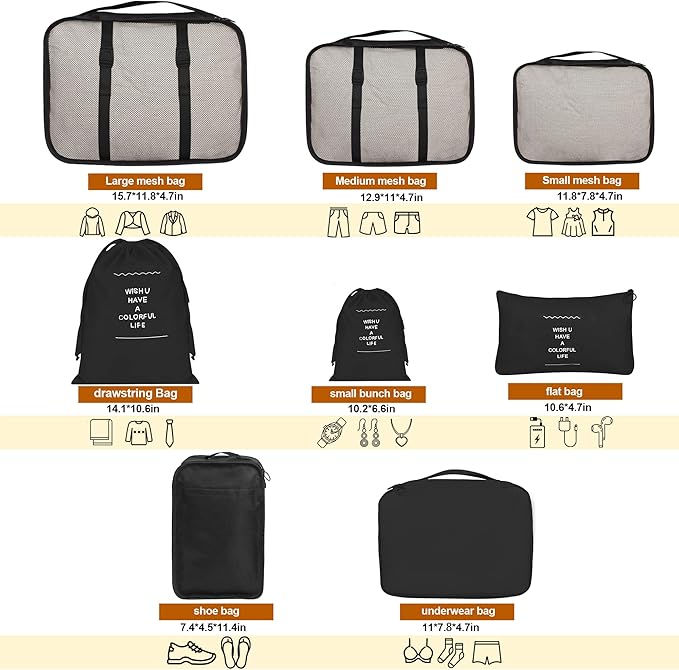 8 Set Packing Cubes for Suitcases, kingdalux Black Travel Luggage Packing Organizers with Laundry Bag, Compression Storage Shoe Bag, Clothing Underwear Bag, for Women & Man