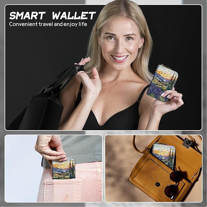 Cute Credit Card Holder with Zipper, Stained Glass Lavender RFID-Blocking Card Case Small Wallet for Women Men, Multi-slot Card Organizer Case Travel Accordion Wallet