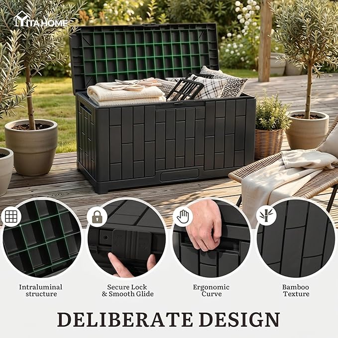 YITAHOME 60 Gallon Resin Deck Box, Weather Resistant Outdoor Rattan Storage Box with Slide-Locking Lid, Lockable Indoor Outdoor Storage for Supplies and Essentials, Black