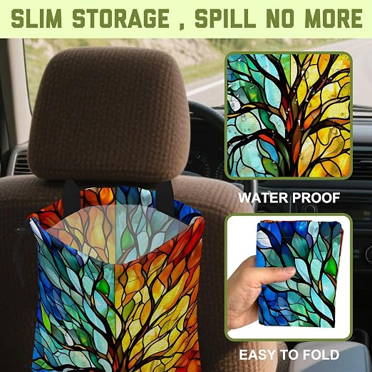 Car Trash Bag Colorful Stained Glass Tree Hanging Canvas Car Trash Bag Waterproof Drawstring Car Back Seat Organizer for Car Back Front Seat Console with Adjustable Buckle