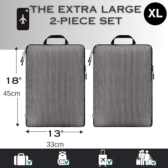 Extra Large Compression Packing Cubes for Checked Luggage, Lightweight Suitcase Organizers & Space Saver Bags - Travel Cubes for Packing - Travel Essentials - 2pc Set, X-Large - Black Stripe