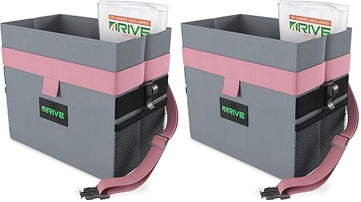 Drive Auto Car Trash Can - Leakproof, Hanging Garbage Bin with 20 Trash Bags and Pink Adjustable Strap - Truck & Car Accessories for Men and Women - Grey with No Lid (Pack of 2)
