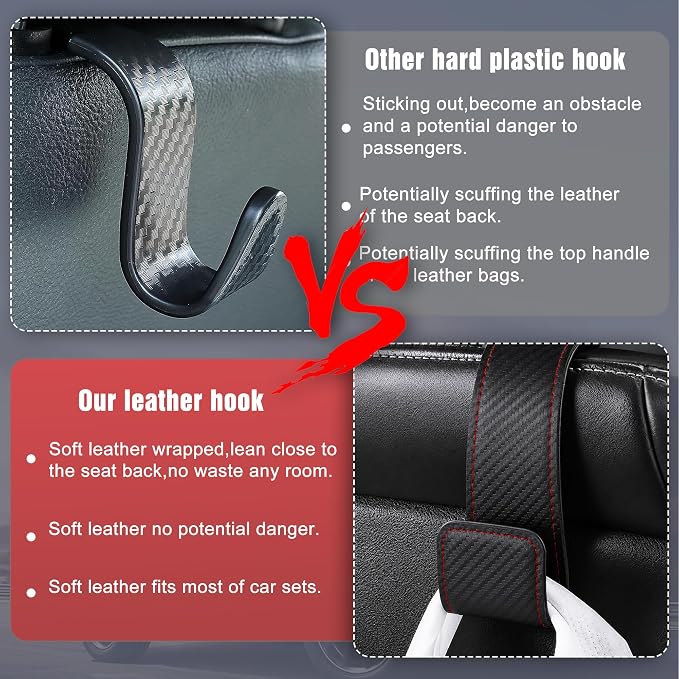 Leather Car purse hooks with larger strap holder purse hook purse holder for car car seat back hooks Automotive seat back organizer headrest hooks for bags and purse (Black Carbon fiber, 2pcs)