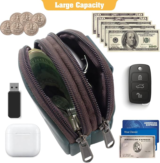 Jack&Chris Coin Purse for Men, Genuine Leather Mini Coin Wallet Zipper Pocket with Back Belt Loop, Coin Bag for Men, Blue
