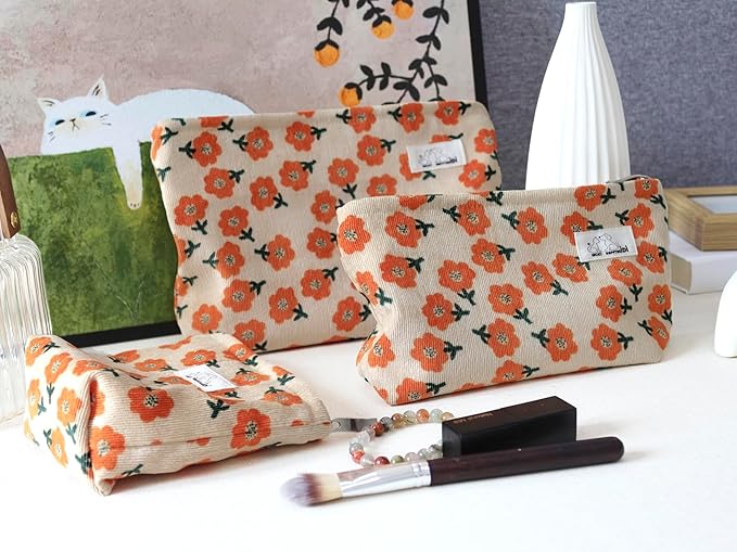 HAPPYHEIDI Makeup Bag Set 3 Cosmetic Toiletry Organizer Zipper Pouch for Purse Tote, Women Girls Gift, Large Medium Small, Beige Orange Floral Corduroy