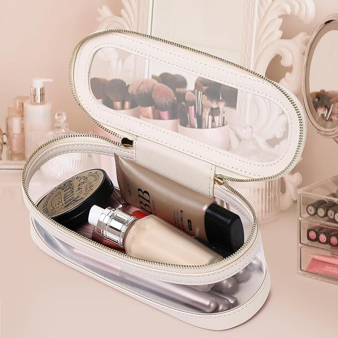 Pinkmik Makeup Brush Case Clear Travel Cosmetic & Toiletry Bag Slim Makeup Bag with Zipper Small Purse Organizer Car Essential Bag for Women (Beige, SLIM L)