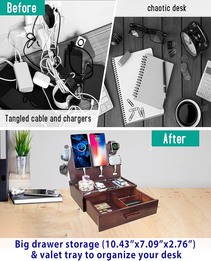 Wood Phone Docking Station with Drawer Built in 4 USB Charger, Nightstand Organizer with Dual Phone Charging Station for Apple Android Phones Anniversary Birthday Gifts for Men Dad Hunsband Mom