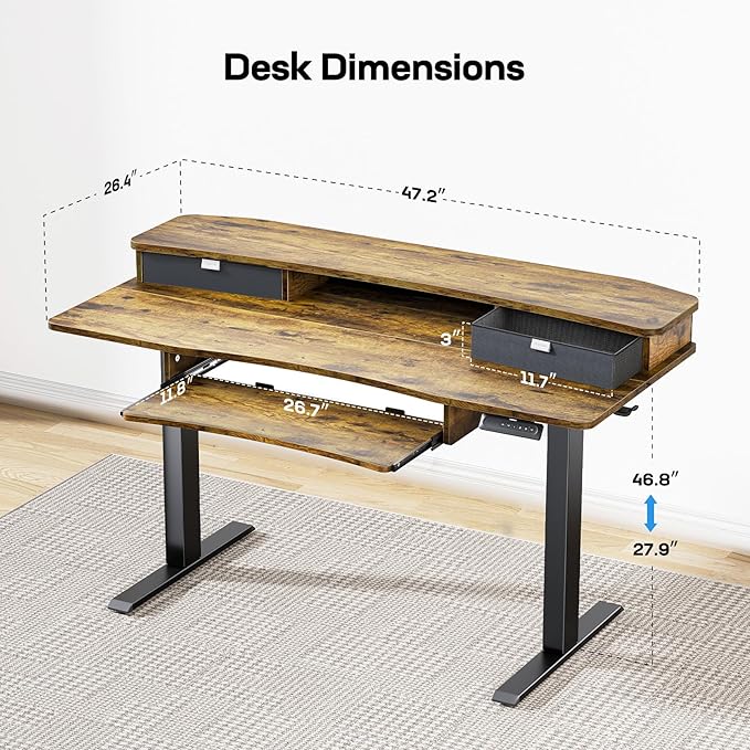 HUANUO 48" x 26" Electric Standing Desk with 2 Drawers & 26.7" Large Keyboard Tray, C-Clamp Mount Compatible, Adjustable Computer Desk for Home Office, Stand Up Desk with 4 Height Presets, Vintage