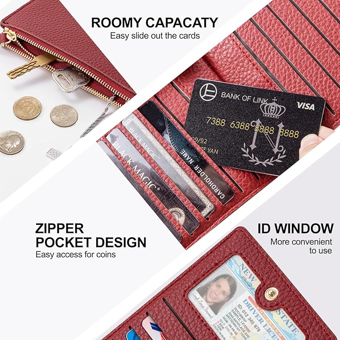 Wallet for Women RFID Blocking Leather Wallet Large Size Bifold Multi Card Holder Wallet with 2 Zipper Pocket - Red