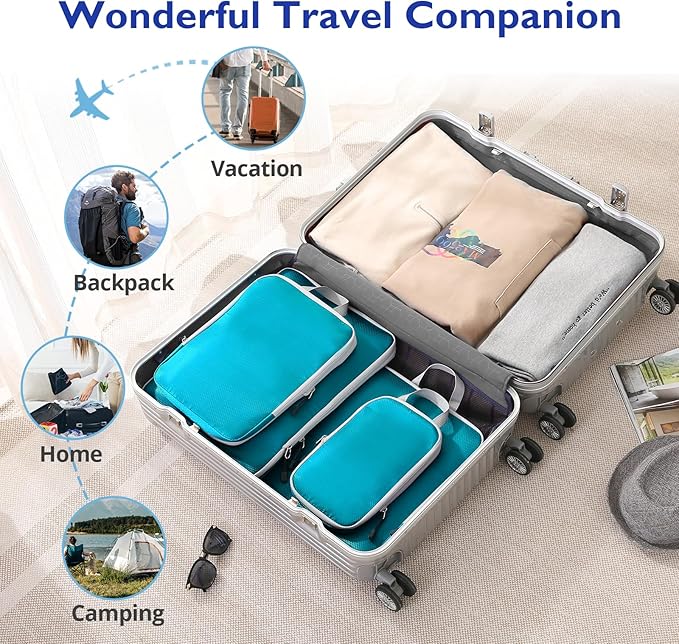 Compression Packing Cubes, 10 Set Packing Cubes for Travel Compression, Lightweight Compressible Package Organizer for Carry On and Suitcases, DustyBlue and Grey