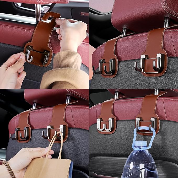2PCS Car Seat Back Storage Hook, Foldable Metal Vehicle Headrest Dual Hook for Purses Handbags Groceries, Multifunctional Auto Interior Hanger Accessories, Universal Fit (Orange)