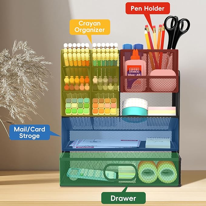 Pen Organizer for Desk - Multi-Functional Pencil Holder with Drawer Desk Organizers, Large Capacity Storage for School Office Home Supplies (Black)