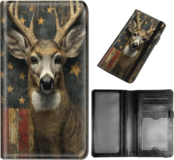 DEGDFSGR Checkbook Cover PU Leather Checkbook Covers for Women for Duplicate Checks, Check Book Covers with RFID Blocking Function for Personal Checkbook, Old American Flag And Deer