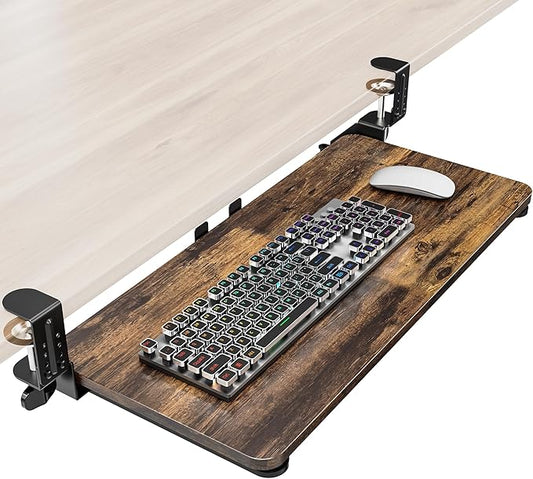 Ergonomic Keyboard Tray Under Desk, Pull Out with Adjustable C-clamp, 25.6 (31.5 Including Clamps) x 11.8 Inch Slide Out Computer Keyboard Drawer Mouse Tray for Typing, Large & Rustic Brown