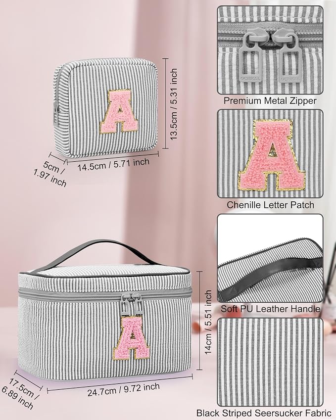 MONSTINA Personalized Initial Makeup Bag| Toiletry Bag for Girls&Women,Make Up Case for Girlfriend Bridesmaid Wife,Birthday Gift for Her Cute,2PCS,Black C