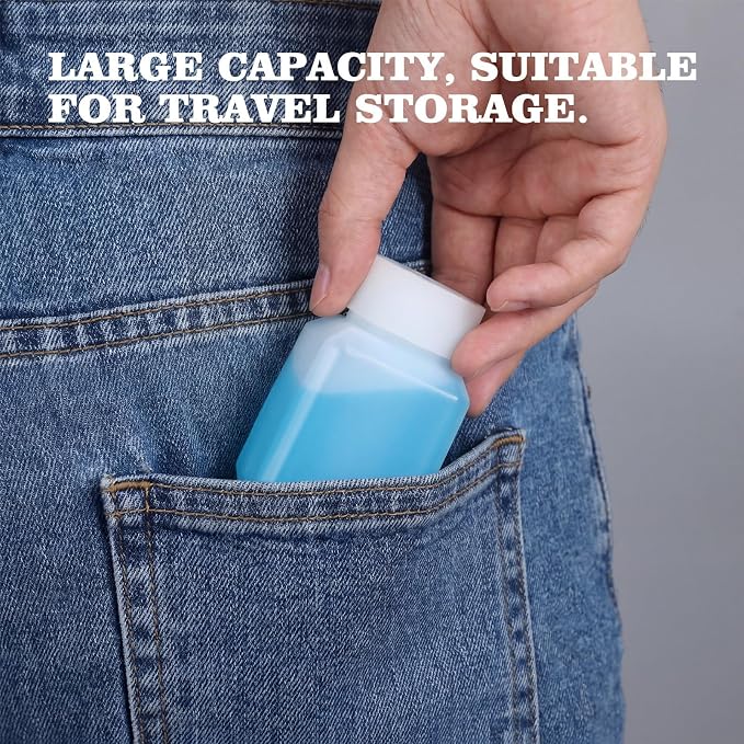 DEMORA 1oz Small Square Plastic Travel Bottles, Reusable Leak Proof Liquid Containers with Caps and Stickers for Pill, Water, Juice（Translucent, 12 Pcs）