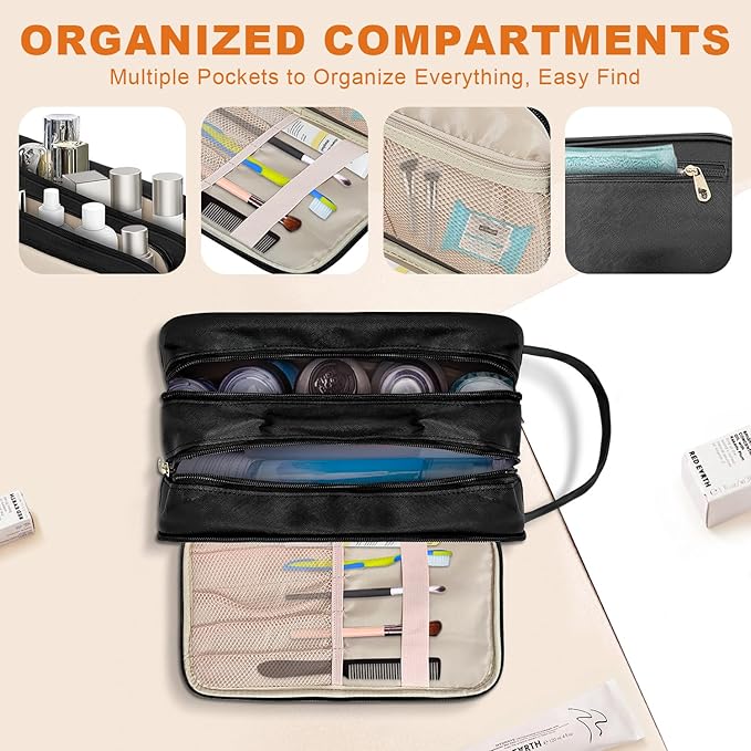 Grekos Waterproof Hanging Toiletry Bag | Large Capacity PU Leather Travel Organizer with Wet/Dry Compartments | Foldable Storage Bags Cosmetic & Shaving Kit for Women Men (Black)