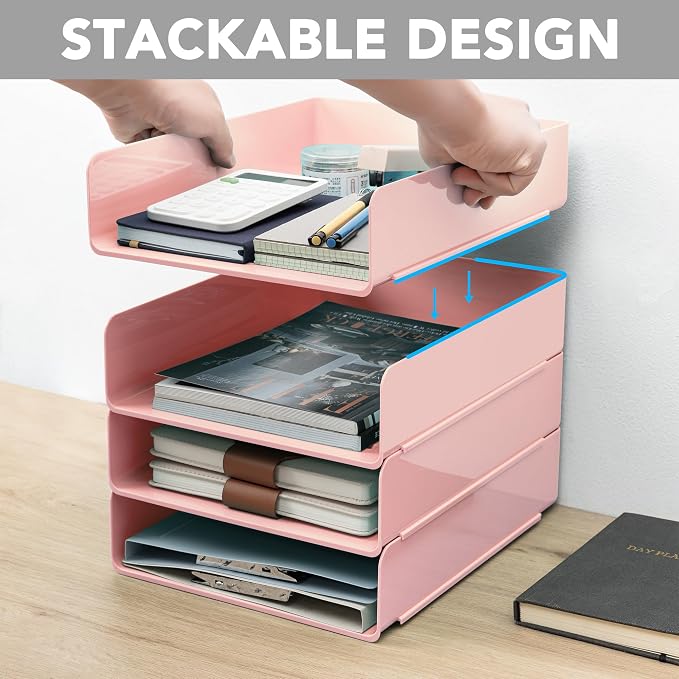 Tiawudi Desk Organizer, Office Organization and Storage, Plastic Letter Tray, Stackable File Organizer for Classroom, Home, Documents, Notes, Folders, Books and Pens, 4 Tier