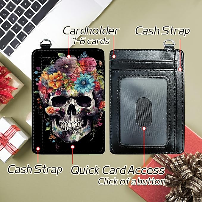 Small Travel Wallets, Sugar Skull Flowers Slim Minimalist Front Pocket Wallet with Wristlet, RFID Blocking PU Leather Credit Card Holder with ID Window Change Purse for Men Women