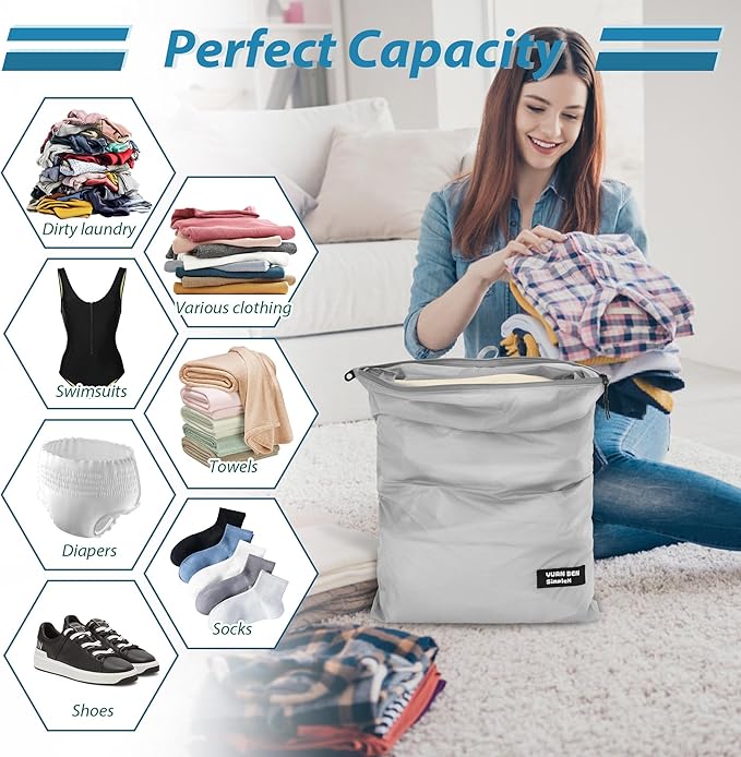 Veki 2 Pack Travel Laundry Bag, Waterproof Dirty Clothes Bags with Handles, Washable Wet Dry Bag, Essential Storage Organizer for Camping, Gym, Swimsuit, Suitcase, College Dorm (Blue&Grey, X-Large)