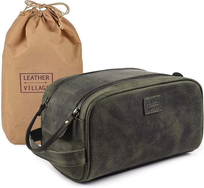 LEATHER VILLAGE Genuine Leather Toiletry Travel Pouch With Waterproof Lining - Olive | King-Size Handcrafted Vintage Dopp Kit Bag, Shaving & Bathroom Organizer, Gift for Men & Women