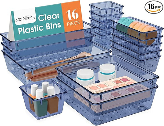 StorMiracle 16 PCS Drawer Organizer Set, 5 Varied Size Bathroom and kitchen Drawer cabinet organizer Trays, Clear Storage Bins for Makeup, Jewelry, Utensils and Gadgets,Dark Blue