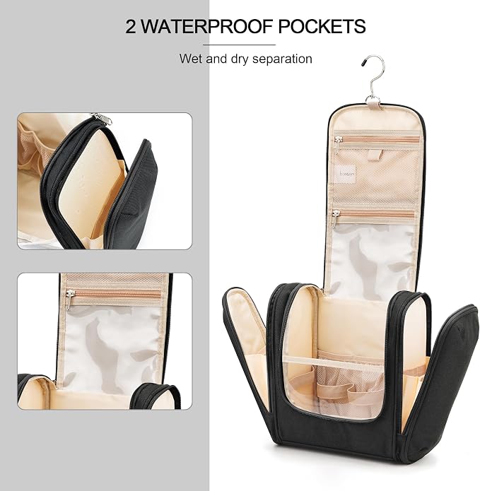 COOSKY Hanging Travel Toiletry Bag for Women and Men, 6 Organizer Compartments, Large Toiletries essentials, Bathroom Cosmetic Accessories, Water-resistant Makeup Bag, Holds Full-Size Shampoo, Black