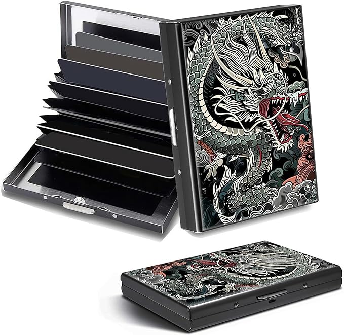 Credit Card Holder, Chinese Dragons Design Mini RFID Blocking Aluminum Wallet Slim Metal Hard Case Shell Travel Wallet ID Case Small Credit Cards Case Business Cards for Women Men Girls